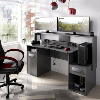 Dmora Dmora - Escritorio Dgorin, Escritorio Gaming Multifunci&oacute;n Moderno, Mesa De Estudio Para Pc Y Porta Cd, 154x69h98 Cm, Antracita, Sin Luces Led