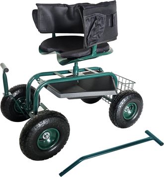 Relaxdays Relaxdays Asiento De Jard&iacute;n Con Ruedas, Altura Regulable, 150 Kg, Almacenaje, Manillares, Coj&iacute;n Y Respaldo, Verde