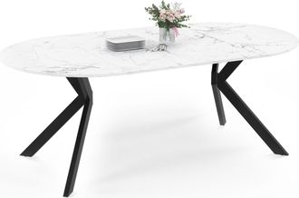 IDMarket Table &Agrave; Manger Extensible Ronde Alix 4-10 Personnes Pied Araign&eacute;e Noir Et Bois Effet Marbre Blanc Alaska 110 - 200 Cm
