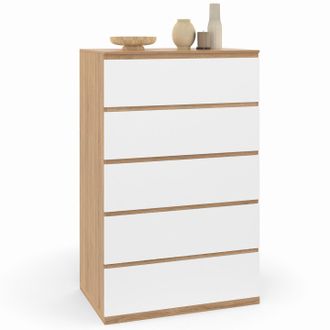 IDMarket Tomi Cassettiera A 5 Cassetti, 60 Cm, Faggio E Look Bianco