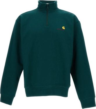 Carhartt Work in Progress Carhartt Wip, Sweatshirts, male, Green, Size: S Half Zip American Script Sweatshirt