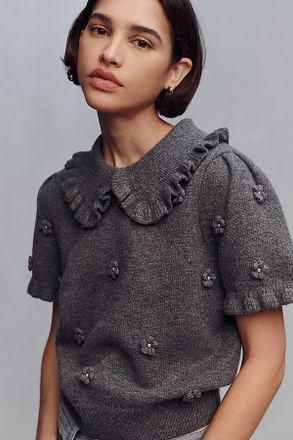 English Factory Pearl Short-Sleeve Collared Sweater