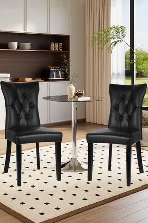 Living and Home 3-piece Set of Glass Dining Table & 2 Faux Leather Dining Chairs Tempered Glass Coffee Table Set in Black