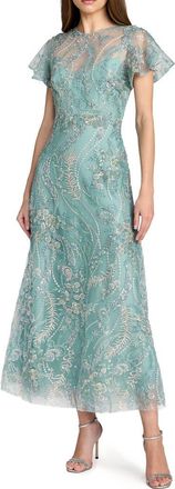 Mac Duggal Floral Embroidered Mesh Flutter Sleeve Ankle Dress in Seafoam at Nordstrom, Size 14