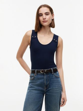 Tommy Hilfiger Womens Slim Fit Nautical Gold-Button Tank Top - Navy - XL