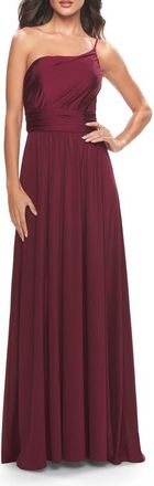 La Femme Chic One Shoulder Long Jersey Gown with Defined Waist in Dark Berry at Nordstrom, Size 18
