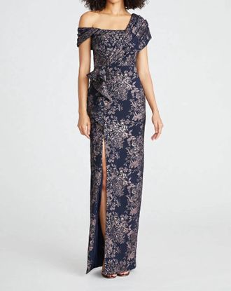 Theia Amaris Jacquard Column Gown In Nautical Navy/ Rose Gold