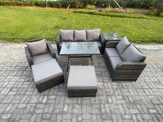 Fimous 7 PCS Outdoor Lounge Sofa Set Wicker PE Rattan Garden Furniture Set with Rectangular Dining Table Armchair 2 Big Footstool Side Table