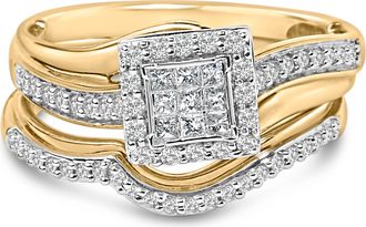 House of Brilliance 14K Yellow Gold Plated Sterling Silver 1/2 Cttw Princess Square Diamond Bridal Set