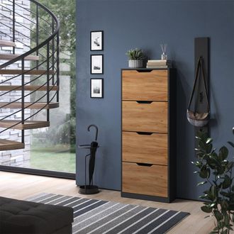 Vicco Zapatera Abatible Luca, Antracita/roble Dorado, 59 X 146 Cm Con 4 Compartimentos Basculantes, Vicco