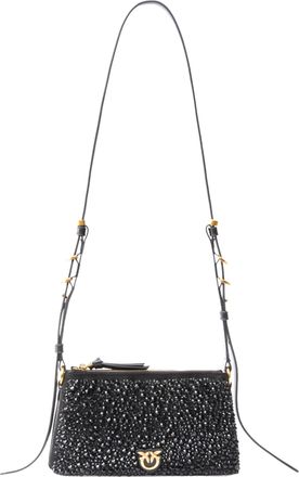 Pinko Double Mini Leather Shoulder Bag with Rhinestones, Black