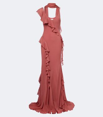 De La Vali Mayara ruffled scarf-detail georgette gown