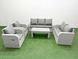 Fimous PE Rattan Garden Furniture Set Adjustable Chair Sofa Double Love Seat 2 Seater Sofa Lounge Set Rectangular Coffee Table Light Grey