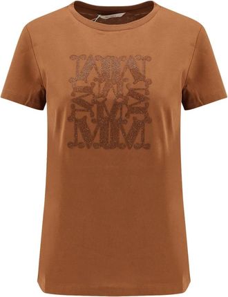 Max Mara T-shirt met korte mouwen- ribgebreide ronde hals en strasslogo - Dames - T-shirts - Bruin - S - Katoen - Tops
