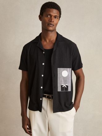 Reiss Black Graphic Print Cuban-collar Shirt, XL