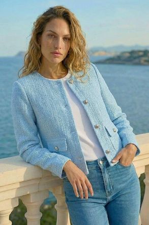 Roman Womens Collarless Buttoned Boucle Jacket - Blue - Size 14 UK