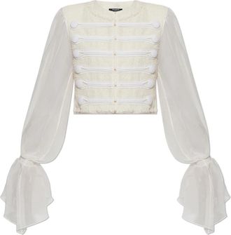 Balmain Cropped Tweed en Muslin Jas - Dames - Blazers - Beige - M - Tweed - Jassen