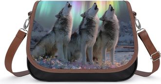 Generic Howling Wolf Aurora Snowy Crossbody Bags for Women Leather Tote Bag Travel Purse Shoulder Bag for Work Shopping