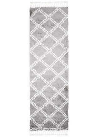 Tapiso Alfombra de pasillo gris oscuro crema cuadros flecos 100x250