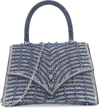 Girly HandBags Womens Beaded Top Handle Evening Bag - Geometric Pattern Hard Case Purse with Chain Strap for Weddings, Parties, and Formal Events Medium Navy