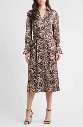 Julia Jordan Leopard Print Long Sleeve Midi Shirtdress in Brown Black at Nordstrom Rack, Size 16