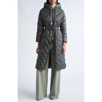 Max Mara The Cube Trepar Diamond Quilted Down Longline Coat in Green at Nordstrom, Size 10