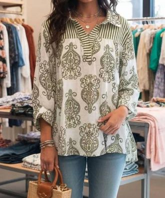 She + Sky Long Sleeve Woven Print Collared Top In Olive Green