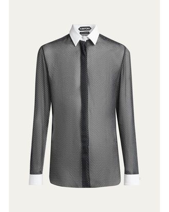 Tom Ford Net-Print Losange Silk Chiffon Button-Down Shirt