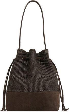 Mansur Gavriel Drawstring Woven Raffia & Suede Bucket Bag in Ebony at Nordstrom