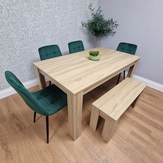 Kosy Koala Oak Effect Dining Table Set With 4 Green Velvet Chairs & Bench Dining Room Furniture in Brown