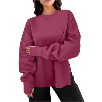 Generic Sweatshirts for Women Long Sleeve Casual Pullover Side Split Round Neck Tunic Tops with Thumb Hole Ladies Plain Loose Fit Streetwear Y2K Sweatshirt
