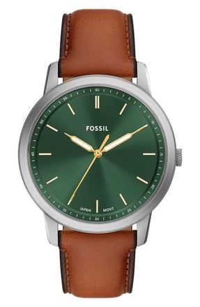 Fossil Minimalist Leather Strap Watch, 44mm in Brown /Silver at Nordstrom