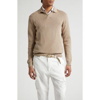 Eleventy Cotton & Silk Polo Sweater in 03 Taupe at Nordstrom, Size Xxx-Large