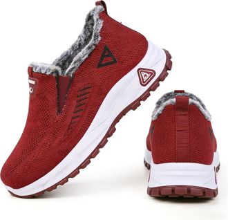 Generic Winter Fleece-Lined Slip-On Sneakers for Women- Non-Slip Sole, Comfortable Casual Shoes for Cold Weather Daily Wear (Red, Adult, Women, 2.5, Numeric, 