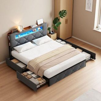 OEM Cama Doble 140x190 - Terciopelo Moderno Lujoso - Con 4 Cajones De Almacenamiento - Con Cargador Usb - Luz Inteligente