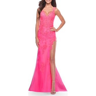 La Femme Lace Long Dress with High Side Slit and V Neckline in Neon Pink at Nordstrom, Size 00