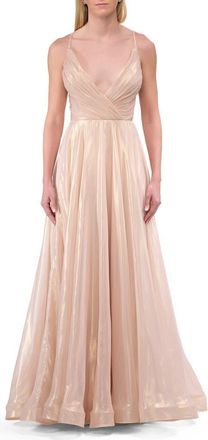 La Femme Metallic Chiffon Gown with Ruched Bodice and Slit in Light Gold at Nordstrom, Size 12