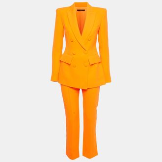 Alex Perry Neon Orange Crepe Double Breasted Blazer And Pant Suit