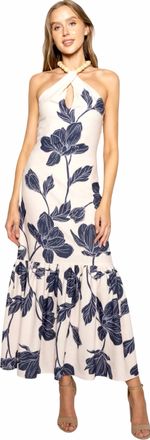 FORE COLLECTION Bella Floral Bead Halter Maxi Dress In Beige/navy