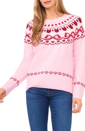 CeCe by Cynthia Steffe Heart Bow Fair Isle Sweater in Pink Lady at Nordstrom, Size X-Small