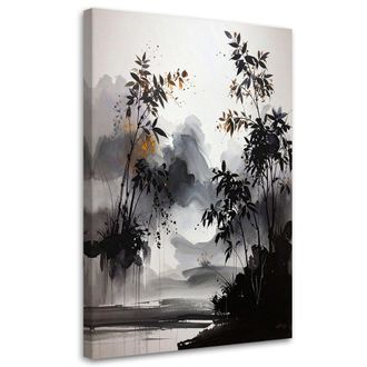 Feeby Cuadro En Lienzo, Abstracci&oacute;n De &Aacute;rboles Hojas Paisaje Blanco Y Negro, 80x120