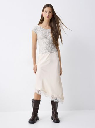 Twik Womens Asymmetrical lace satiny midi skirt