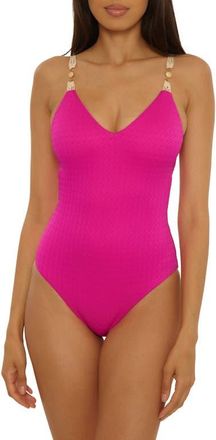 Lucky Brand Sardinia Macram&eacute; Trim One-Piece Swimsuit in Berry Pink at Nordstrom, Size Medium