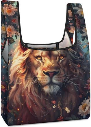 Generic Wild Animals Lion Flowers Shopping Bag Reusable Grocery Tote Bag Foldable Handbag for Travel Picnic