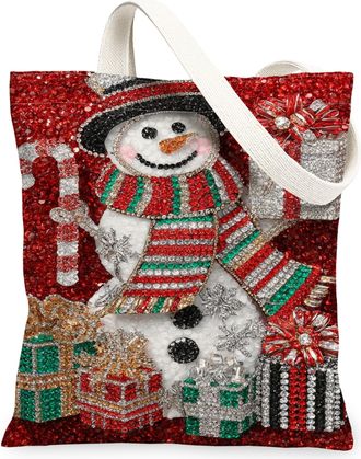 Generic Christmas Snow Man Glitter Canvas Tote Bags, Holiday Sparkle Design Reusable Grocery Bags, Winter Elegant Lightweight Washa, Red, 13x15 Inch