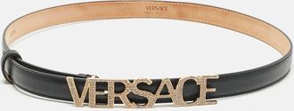 Versace Black Leather Logo Crystals Waist Belt
