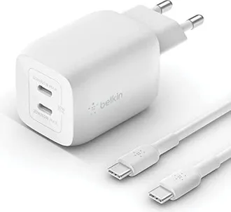 Belkin Cargador De Pared Doble Usb Tipo C De 65 W, Cable Usb-c A Usb-c, Carga R&aacute;pida 3.0 Con Tecnolog&iacute;a Gan Para Iphone 16, 15, Ipad Pro, Macbook, Samsung Ga