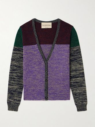Valentino Garavani Cardigan In Misto Lana A Coste Color-block Metallizzato - Viola