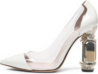 EDEFS Clear Panel High Heel Shoes for Women Pointed Toe Court Shoes with Embellished Chunky Heel 4 Inch Statement Party Heels White UK2