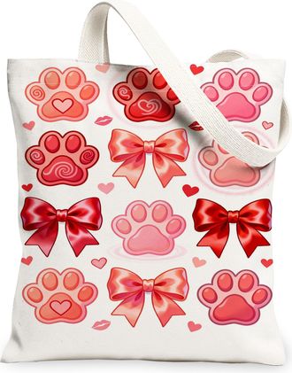 Generic ValentineS Day Paw Print Canvas Tote Bags, Adorable Bow Pattern Reusable Grocery Bags, Lightweight Washable Shoulder Strap, White, 13x15 Inch